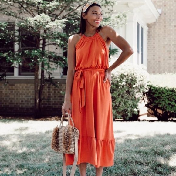 LOFT Burnt Orange Halter Midi Dress - Picture 2 of 9